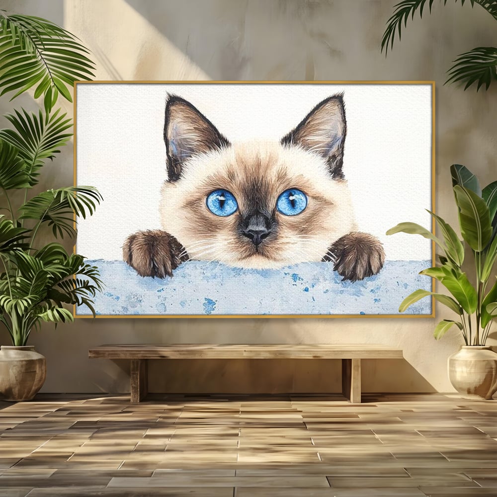 Tablou canvas cu tablou canvas cu pisica siameza si ochi albastrii, in rama de aluminiu auriu